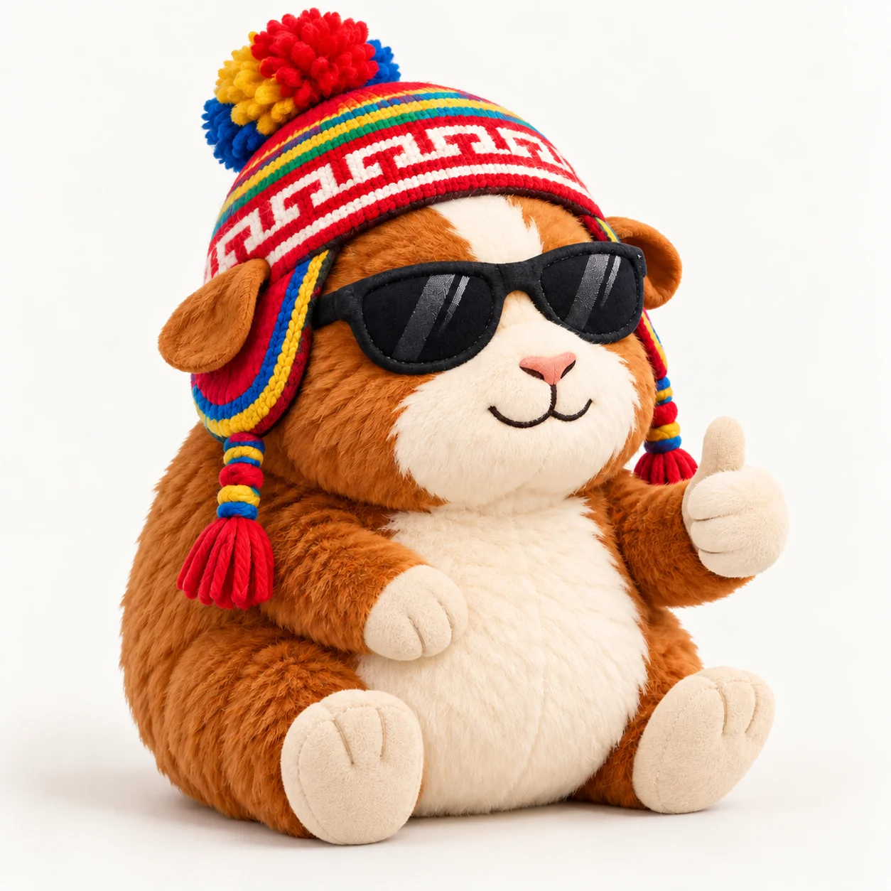 Imagen referencial de un peluche de Cuchu™ con chullo peruano y lentes, no es un producto real